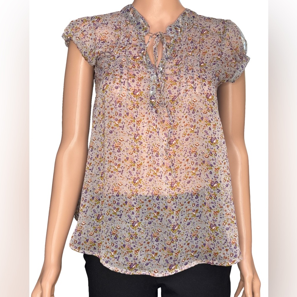 Dmbm Elegant Green Floral Semi Sheer Short Cap Sleeve Blouse Small